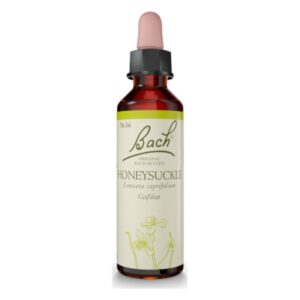 Braune Glasflasche mit Pipette, etikettiert mit "Bach Honeysuckle" und botanischem Namen."