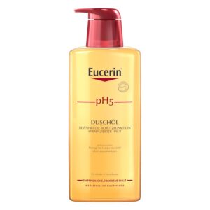 Eucerin pH5 Duschöl in einer gelben Flasche mit rotem Pumpverschluss, für empfindliche, trockene Haut.