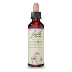 Flasche mit Bachblüten-Tropfen 'Impatiens', grüne und violette Etiketten, Pipette auf dem Deckel.