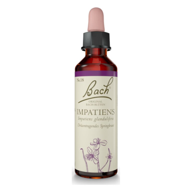 Flasche mit Bachblüten-Tropfen 'Impatiens', grüne und violette Etiketten, Pipette auf dem Deckel.
