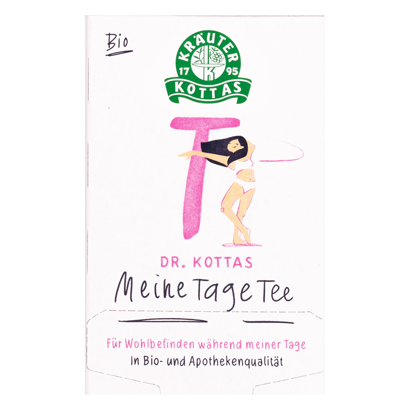 Verpackung des Bio-Tees "Meine Tage" von Dr. Kottas mit stilisierte Frau und informativem Text.