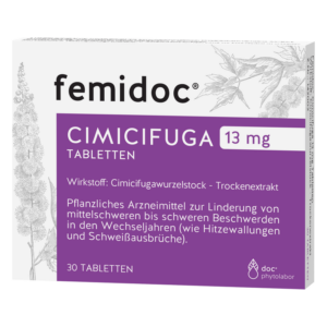 Packung mit 30 TABLETTEN CIMICIFUGA von femidoc, lila Hintergrund, Hinweis auf Wirkstoff und Anwendung bei Wechseljahrsbeschwerden.