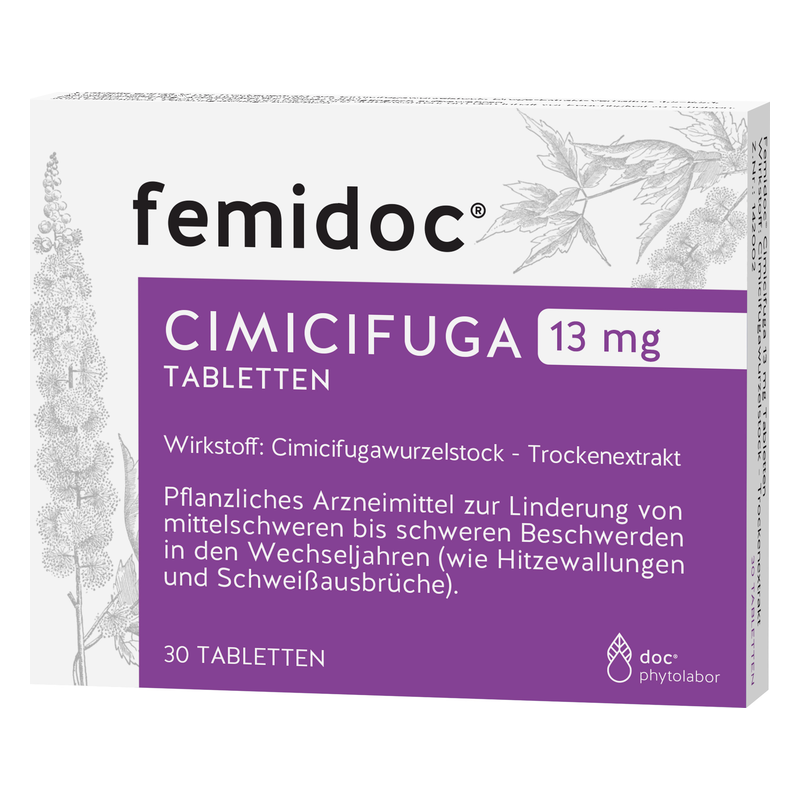 Packung mit 30 TABLETTEN CIMICIFUGA von femidoc, lila Hintergrund, Hinweis auf Wirkstoff und Anwendung bei Wechseljahrsbeschwerden.