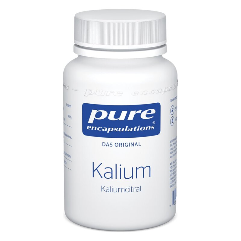 Weißer Kunststoffbehälter mit einem grauen Deckel, beschriftet mit "pure encapsulations Kalium" und Nährstoffinformationen.