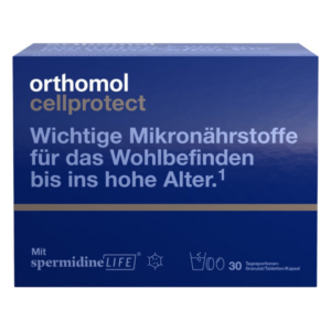 Blaue Verpackung von Orthomol cellprotect mit Informationen zu Mikronährstoffen für das Wohlbefinden im Alter.