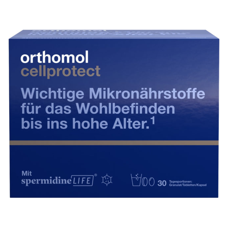 Blaue Verpackung von Orthomol cellprotect mit Informationen zu Mikronährstoffen für das Wohlbefinden im Alter.