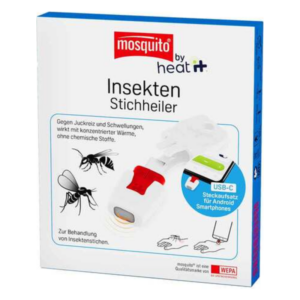 Verpackung eines Insektenstichheilers mit USB-C-Anschluss, abgebildet sind Insekten und Anwendungshinweise.