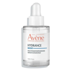 Transparente Flasche mit Pipette, enthält feuchtigkeitsspendendes Serum von Avène, bezeichnet als Hydrance Boost.