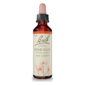 Braunflasche mit Pipette und Etikett, das die Bachblüte Mimulus zur Behandlung von Ängsten beschreibt.