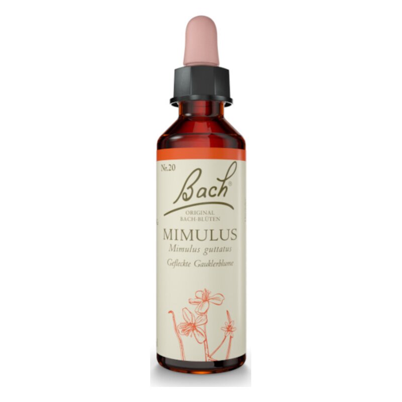 Braunflasche mit Pipette und Etikett, das die Bachblüte Mimulus zur Behandlung von Ängsten beschreibt.