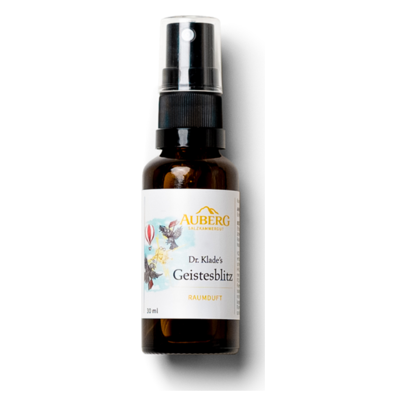 Braune Glasflasche mit Sprühaufsatz, beschriftet mit "Dr. Klade's Geistesblitz Raumduft", 30 ml.