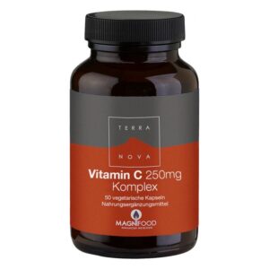 Braune Glasflasche mit schwarzem Deckel und Etikett für Vitamin C 250mg Komplex, 50 vegetarische Kapseln.