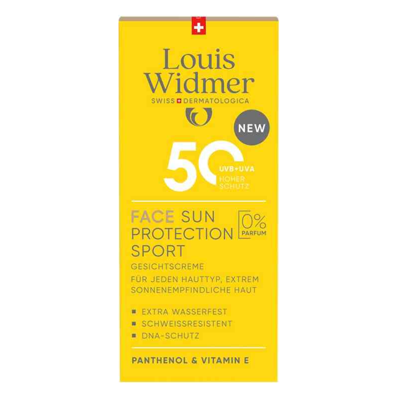 Gelbe Verpackung einer Sonnencreme für das Gesicht von Louis Widmer mit hohem UV-Schutz und dermatologischer Formel.