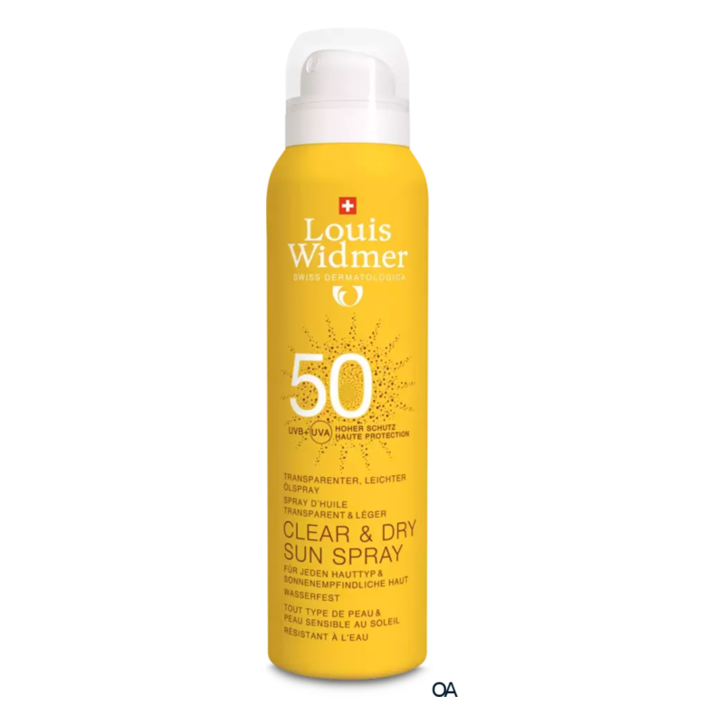Sonnenspray in einer gelben Sprühflasche, hoher Lichtschutzfaktor 50, transparent und wasserfest.