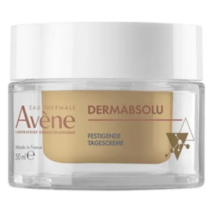 Glascremebehälter mit weißem Deckel, enthält festigende Tagescreme von Avène, 50 ml.