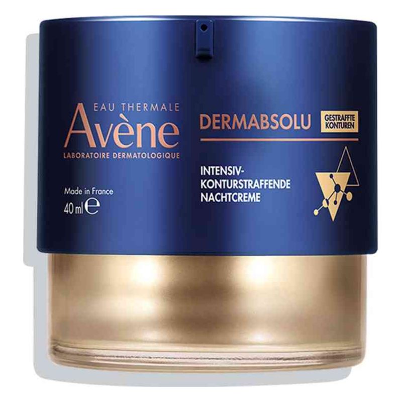 Helle Nachtcreme in einem blauen Glasbehälter mit goldenen Akzenten, Marke Avène, 40 ml, gegen Hautalterung.