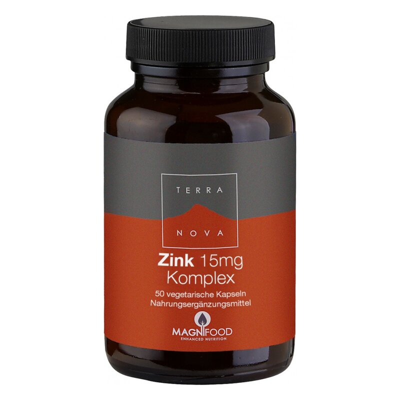 Braune Flasche mit schwarzem Deckel, enthält Zink 15mg Komplex in vegetarischen Kapseln.