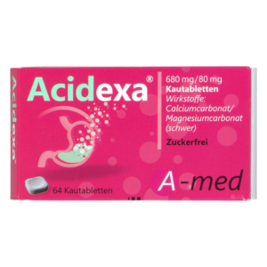 Verpackung von Acidexa Kautabletten in rosa, enthält Calcium- und Magnesiumcarbonat, zuckerfrei.