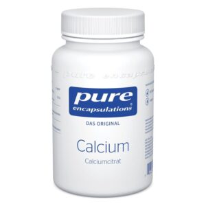 Weißer Behälter mit Schraubverschluss, beschriftet mit "pure encapsulations" und "Calcium" in blauer Schrift.