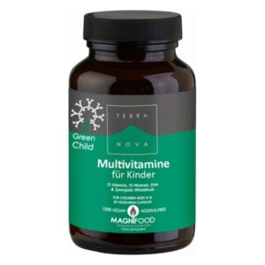 Braune Flasche mit schwarzem Deckel, enthält Multivitamine für Kinder, 100% vegan und zusatzstofffrei.