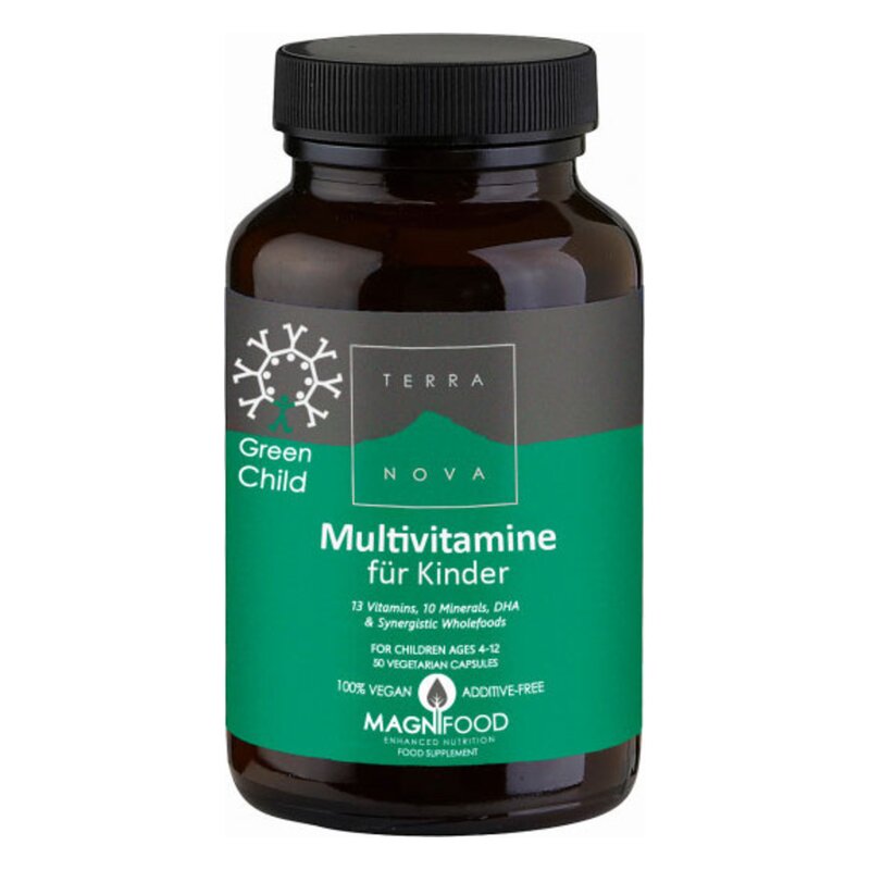 Braune Flasche mit schwarzem Deckel, enthält Multivitamine für Kinder, 100% vegan und zusatzstofffrei.