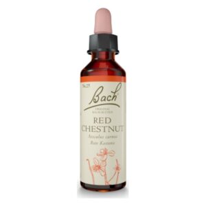 Flasche mit der Bachblüte "Red Chestnut" (Rote Kastanie) in braunem Glas, mit Pipette und hellrosa Kappe.