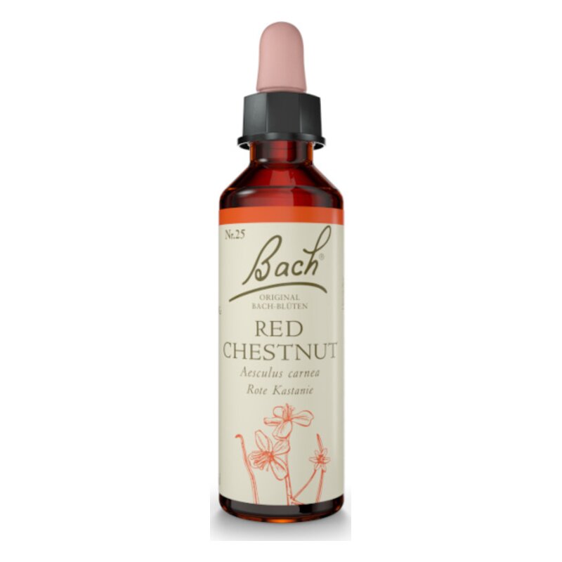 Flasche mit der Bachblüte "Red Chestnut" (Rote Kastanie) in braunem Glas, mit Pipette und hellrosa Kappe.