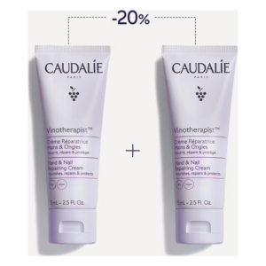 Zwei Tuben der Vinotherapist Hand- und Nagelcreme von Caudalie mit einem Rabatt von 20% auf der Verpackung.