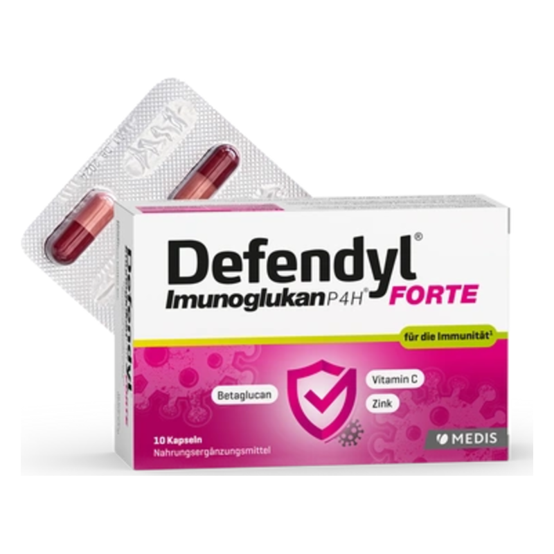 Verpackung von Defendyl Imunoglukan P4H Forte mit Kapseln zur Unterstützung der Immunität in einer modernen Box.