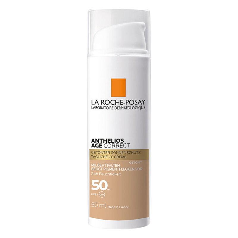 Flasche mit getöntem Sonnencreme-Creme von La Roche-Posay, mit Schraubverschluss und Spender, 50 ml.