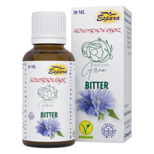 Braune Flasche mit Alchemistische Essenz und einer Verpackung im Hintergrund, gekennzeichnet mit "BITTER" und Blumenmotiv.