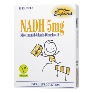 Verpackung mit 30 Kapseln NADH 5mg, vegan, mit einem cartoonhaften Charakter und Energieproduktionsbezug.