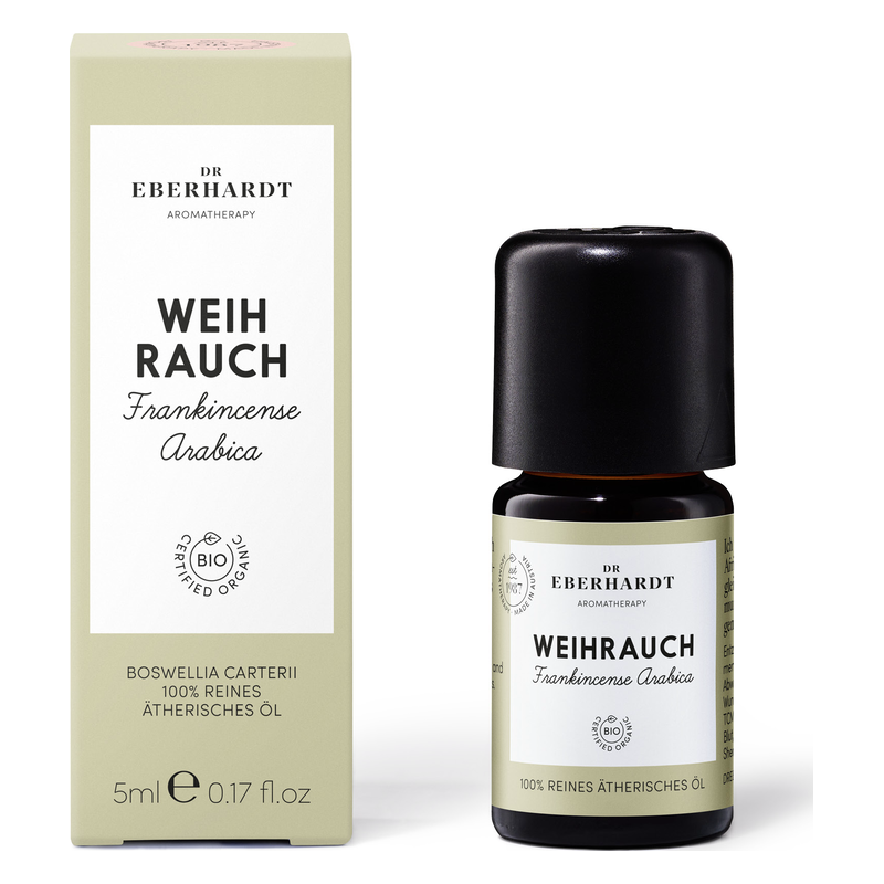 Verpackung von ätherischem Öl mit dem Label "WEIHRAUCH" und Angaben zu Inhalt und Herkunft, im Bio-Design.