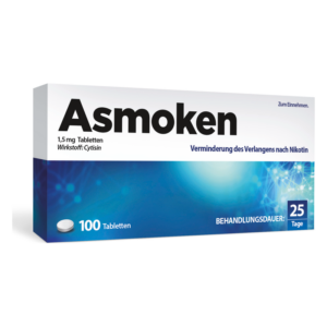 Verpackung von Asmoken, 100 Tabletten à 1,5 mg Cytisin zur Verringerung des Nikotinsverlangens, mit Hinweis auf Behandlungsdauer.