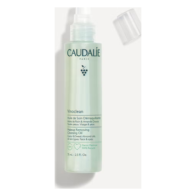 Flasche mit Make-up Entferner, grüner Kunststoff, Pumpe, 75 ml, für Gesicht und Augen geeignet.