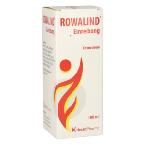 Verpackung eines kosmetischen Produkts namens Rowalind, 100 ml, mit einem rot-gelben Design und einem grafischen Symbol auf der Seite.