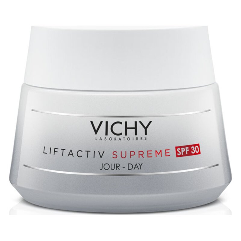 Hautcreme in einem runden, silbernen Behälter mit weißem Deckel und der Aufschrift "VICHY LIFTACTIV SUPREME SPF 30".