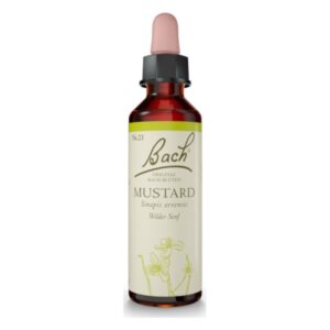 Flasche mit Bachblüten-Essenz Mustard (Nr. 21) aus braunem Glas und Pipette, mit floralem Design.