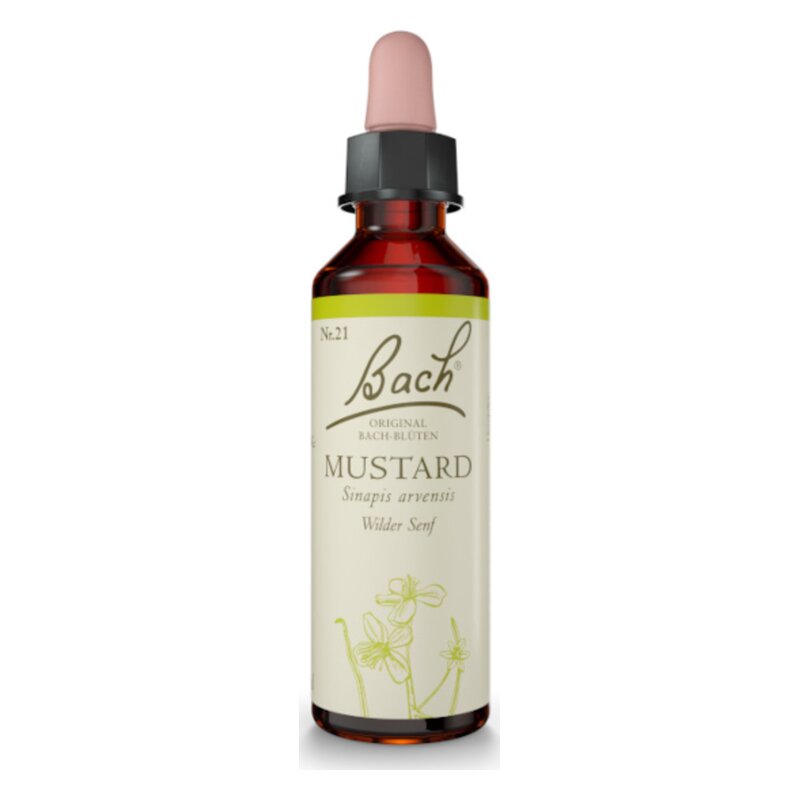 Flasche mit Bachblüten-Essenz Mustard (Nr. 21) aus braunem Glas und Pipette, mit floralem Design.