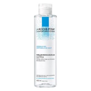 Transparente Flasche mit Mizellen-Reinigungsfluid für normale bis empfindliche Haut, 400 ml, von La Roche-Posay.