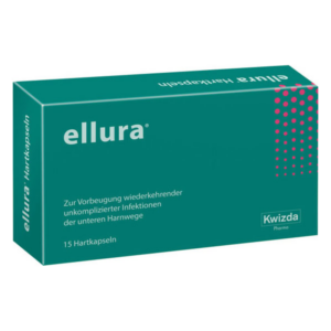 Eine Packung ellura® Hartkapseln zur Vorbeugung gegen Harnwegsinfektionen, grüne Farbe mit rotem Punktmuster.
