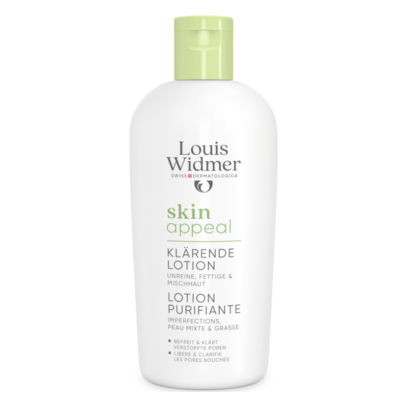 Flasche mit klärender Lotion für unreine, fettige Haut von Louis Widmer, weiß mit grünem Deckel.
