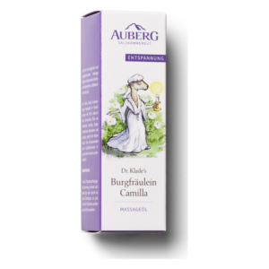 Verpackung von Dr. Klades Burgfräulein Camilla Massageöl mit einer Illustration einer Figur in einem weißen Kleid.