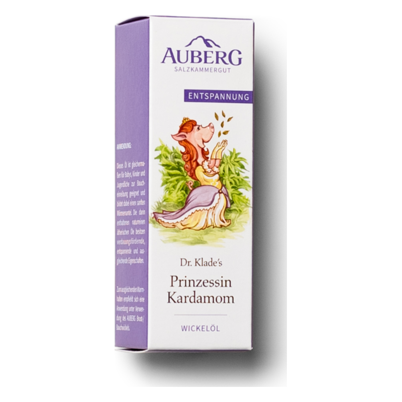 Lila Verpackung mit dem Aufdruck 'Dr. Klade's Prinzessin Kardamom', zeigt eine cartoonhafte Prinzessin mit einem Pinguin.