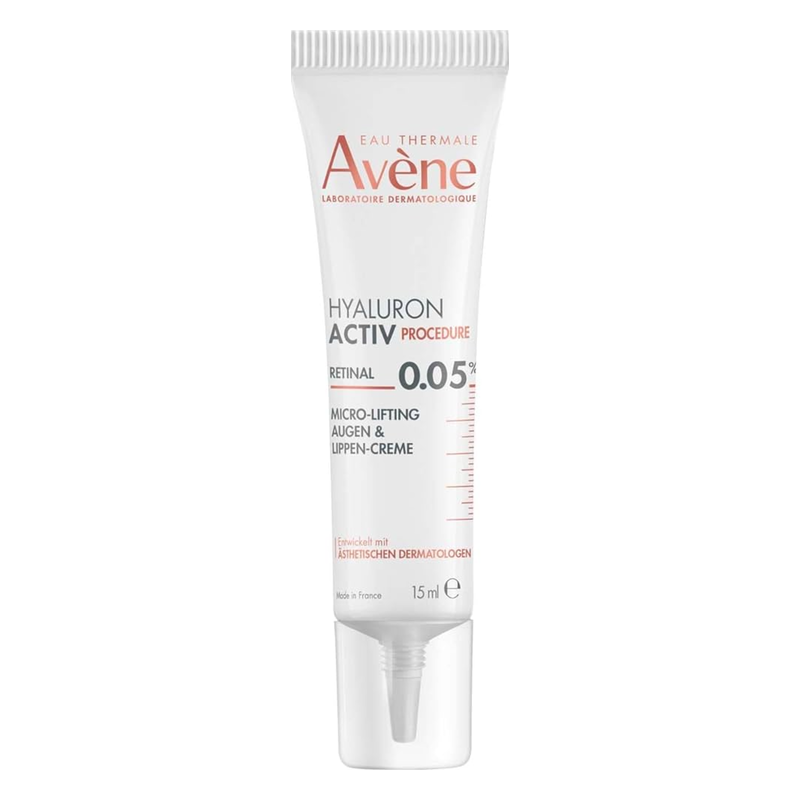 Tube mit Augen- und Lippencreme, enthält Retinal und Hyaluronsäure, Deutliche Produktbezeichnung und Anwendungshinweise.
