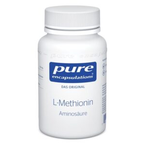 Weißer Plastikbehälter mit Schraubverschluss, beschriftet mit "L-Methionin" und der Marke "pure encapsulations".