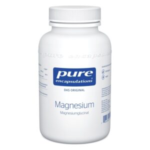 Weißer Kunststoffbehälter mit blauem Etikett, enthält Magnesium in Form von Magnesiumglycinat.