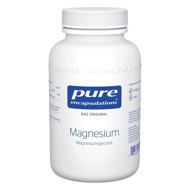 Weißer Kunststoffbehälter mit blauem Etikett, enthält Magnesium in Form von Magnesiumglycinat.