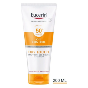 Eucerin Sonnencreme mit hoher Lichtschutzfaktor 50+, trockenes Hautgefühl, 200 ml Tube, orange-graues Design.
