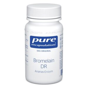 Weißes Fläschchen mit Deckel, beschriftet mit 'Bromelain DR', Ananas-Enzym von Pure Encapsulations.